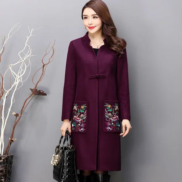 Embroidered Winter Wool Coat Women Woolen Coat Cashmere Jackets