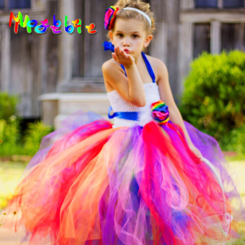 Bright Rainbow Color Flower Girls Tutu Dress Children Summer Dresses ...