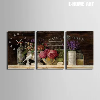 

Free Shipping E-HOME Ceramic Pots And Flowers Clock in Canvas 3pcs wall clock