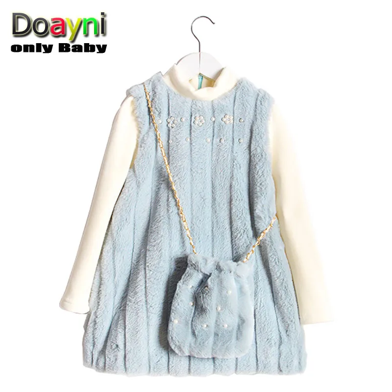 Doayni детское элегантное платье принцессы для девочек из искусственного меха с сумкой длинный рукав с бисером бархатное детское зимнее милое платье розовый синий