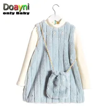 Doayni детское элегантное платье принцессы для девочек из искусственного меха с сумкой длинный рукав с бисером бархатное детское зимнее милое платье розовый синий