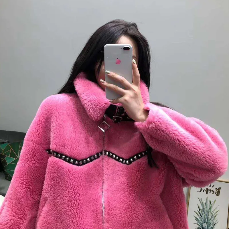 Manteau femme hiver шуба мото и Байкерская зимняя женская овечья меховая парка плюс размер замшевая кожаная куртка бриллианты короткая одежда