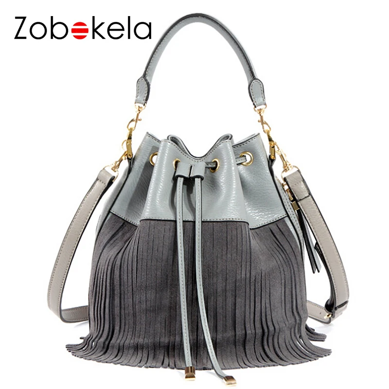 ZOBOKELA Genuine Leather Bag Small Bucket Women Tote Bag Tassels Women Messenger Bag Famous Brand Designer