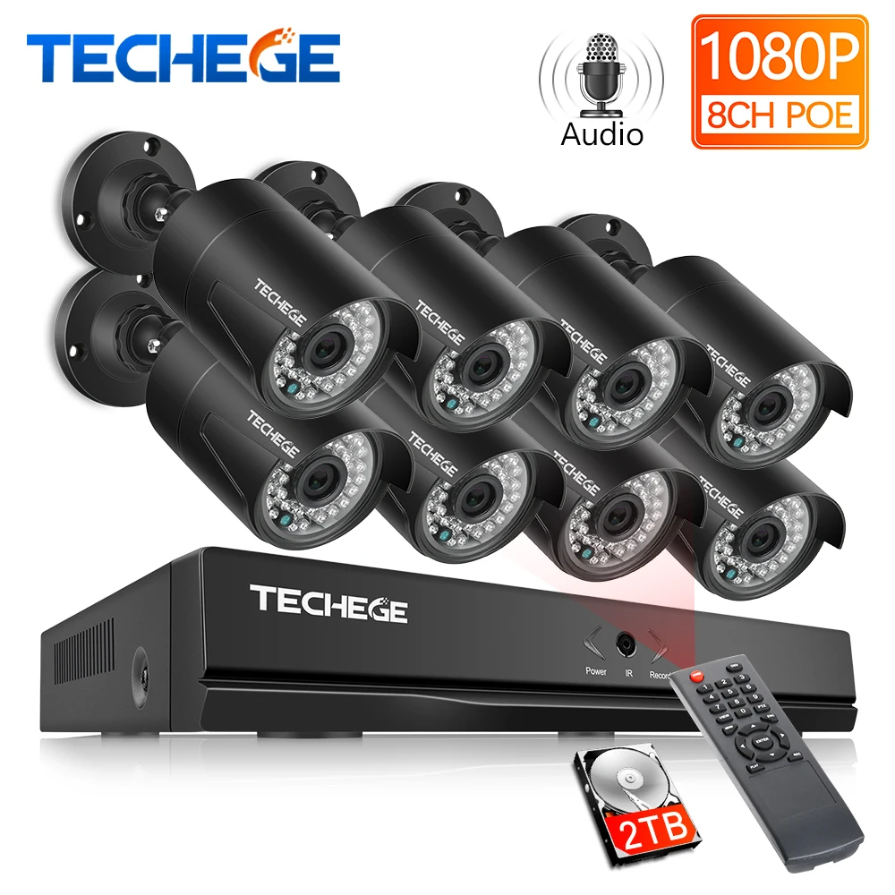 Techege H.265 8CH NVR 48 в POE 1080P CCTV система 2MP IP камера Аудио запись ИК водонепроницаемый датчик движения система безопасности