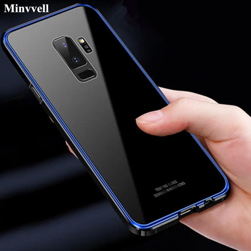 Luxury Metal Bumper Case For Samsung Galaxy S9 Plus S8 Note 9 Hard Clear Tempered Glass Mirror Armor Cover s9plus Note9 |