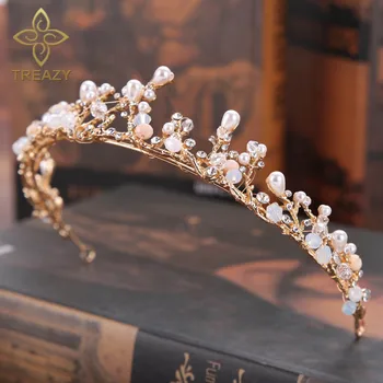

TREAZY Handmade Elegant Bride Headdress Gold Color Imitated Pearl Crystal Floral Crown Tiara Princess Bridal Wedding Accessories