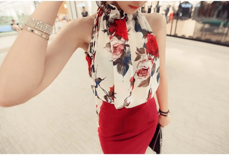Floral Chiffon Summer Women's Tunic Blouse Sleeveless Ruffles Collar White Shirt Female OL Blusas Feminino Blouse Plus Size