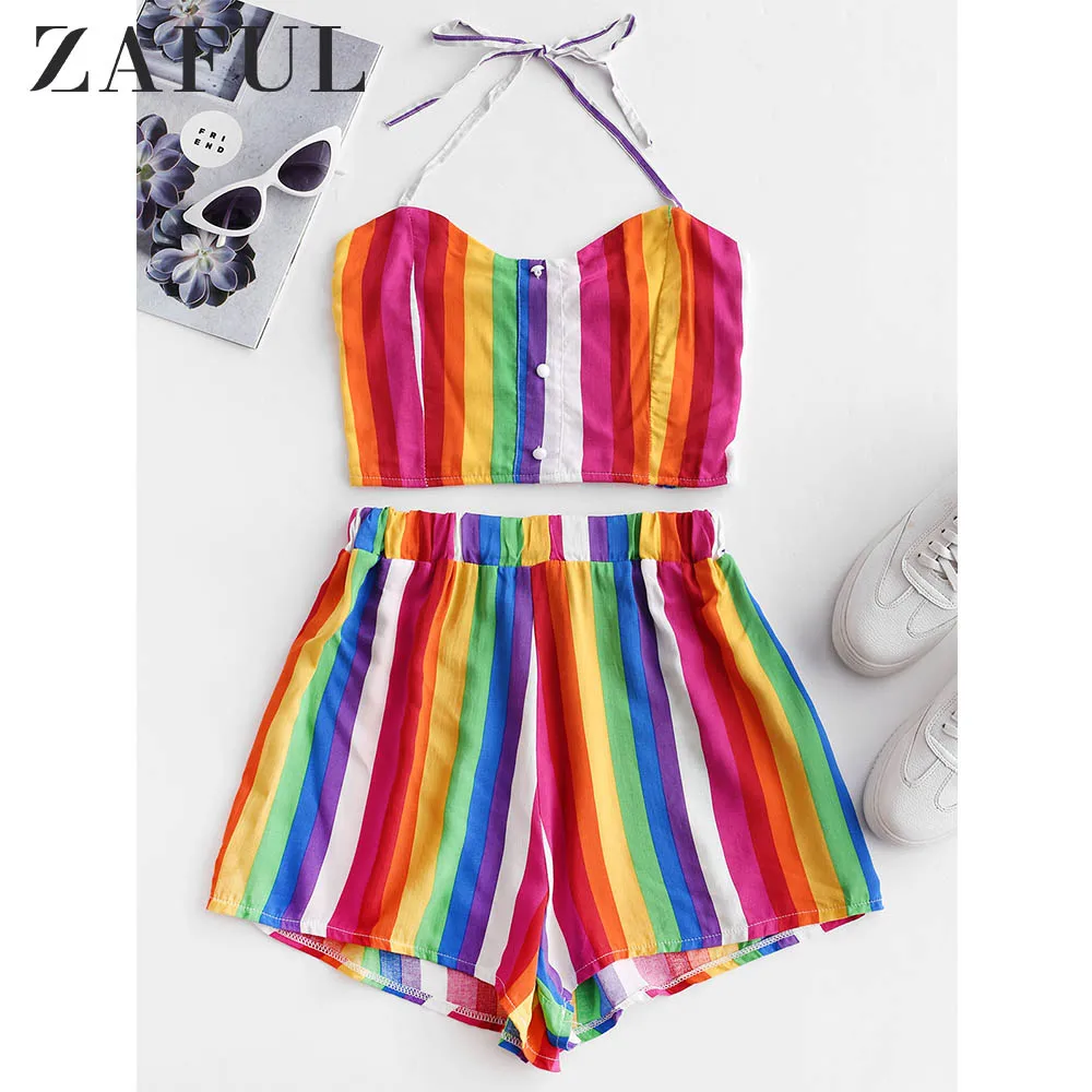 

ZAFUL Two Pieces Set Rainbow Striped Smocked Loose Shorts Set Buttons High Waist Bottom and Crop Tops Camis Women Streetwear