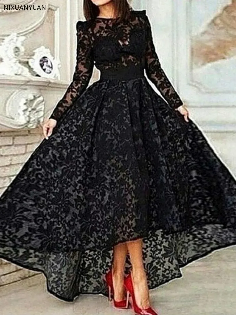Hot Sale 2021 Vintage Long Sleeves Asymmetrical Scoop Lace Evening Dress Black Formal Prom Party Gowns Vestido De Noiva | Свадьбы и