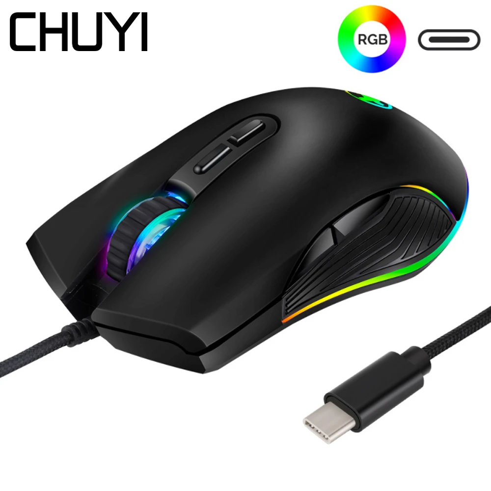 

CHUYI Wired USB C Gaming Mouse RGB LED Light Game Computer Mice 3200 DPI 7 Button Type C Muase Gamer With Mousepad For Overwatch
