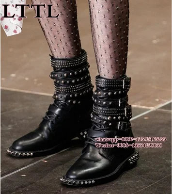 

New Arrival Punk Style Round Toe Flat Martin Boots Rhinestone Metal Rivet Lace Up Buckle Strap Cool Motorcyle Ankle Boots Women