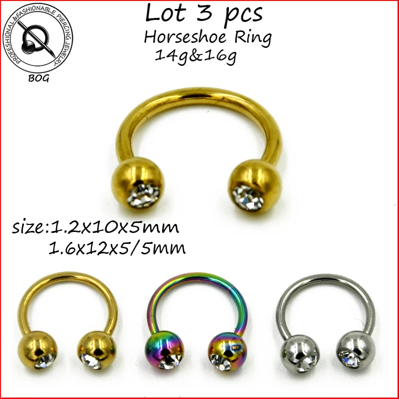 BOG 3pcs Horseshoe Circular Barbell Gem Balls 16g&14g Steel Nose Lip
