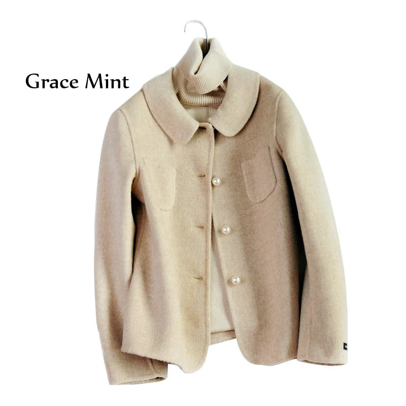 

Short Woolen Jacket Autumn Winter Turn-down Collar Slim Solid Color Pockets Woolen Coat for Women