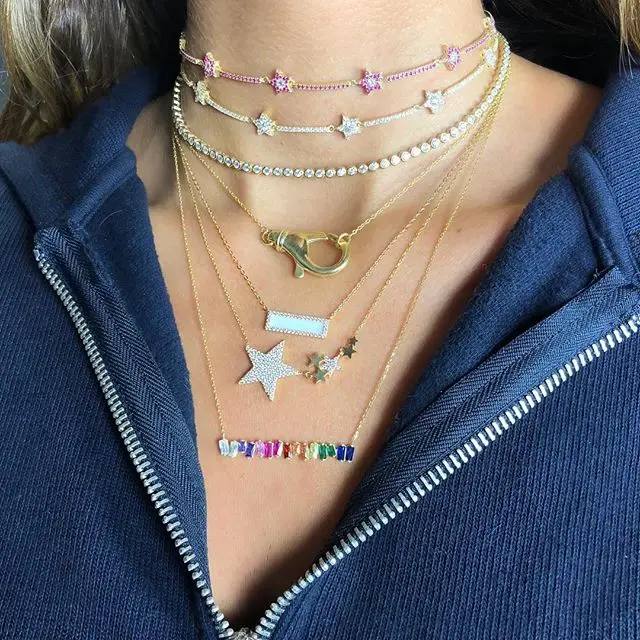 

SIMPLE rainbow baguette cubic zirconia cz bar necklace big colored cz geometric minimal Gold filled high quality necklaces