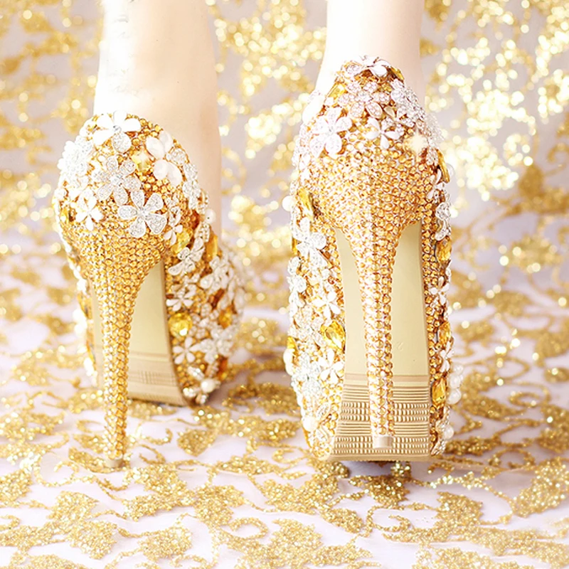 Г., модные удобные свадебные туфли золотистого цвета женская обувь Свадебная обувь на платформе и высоком каблуке со стразами ручной работы из натуральной кожи