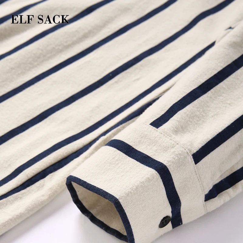 ELFSACK, осенняя новинка, женская рубашка, повседневная, хлопок, длинный рукав, женская блузка, в полоску, с отложным воротником, свободные, женские рубашки, уличная одежда