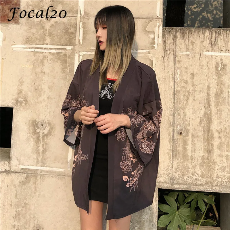 

Focal20 Japan Style Dragon Print Female Cardigan Kimono Hale Sleeve Loose V Neck Summer Spring Hit Color Women Cardigan Kimono