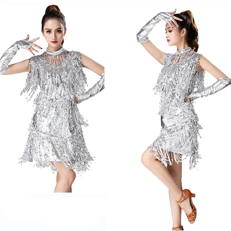 Платье для латинских танцев для женщин/девочек/леди, Сексуальная бахрома для сальсы/бальных танцев/Танго/ча-ча/румбы/самбы, платья для латинских танцев Фламенго - Цвет: silvery