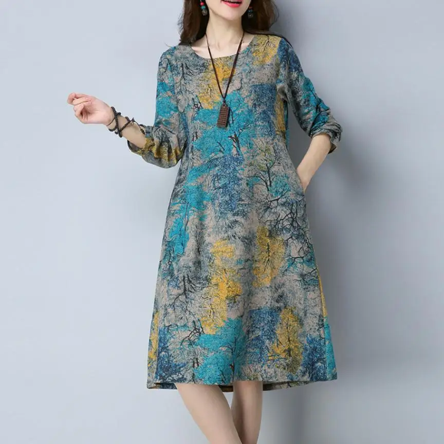 KANCOOLD/модное женское платье с длинным рукавом и О-образным вырезом и карманами, хлопковое льняное платье с принтом, свободное Повседневное платье для женщин 2018AUG7 - Цвет: Небесно-голубой