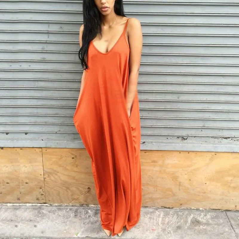 

Women Beach dresses Sling Pocket Sleeveless summer solid color loose Party sea tropical holiday ladies Long Maxi Dress vestido