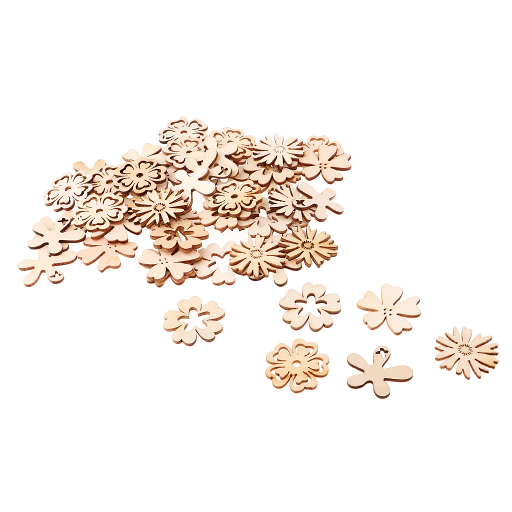 50pcs Wood Hollow Cutouts MDF Wooden Flowers Embellishment Buttons Flatbacks Craft for Scrapbooking Cardmaking DIY Decorations