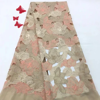 

Latest pink Color Wedding &Party Net Lace Fabric With Sequins Nigerian Hand Beaded Lace Fabric For Women Bridal Dress