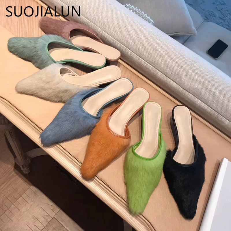 

SUOJIALUN Women Fluffy Fur Slippers 2019 Brand Pointed Toe Women Slippers Slip On Mules Thin Low Heels Woman Outdoor Slippers
