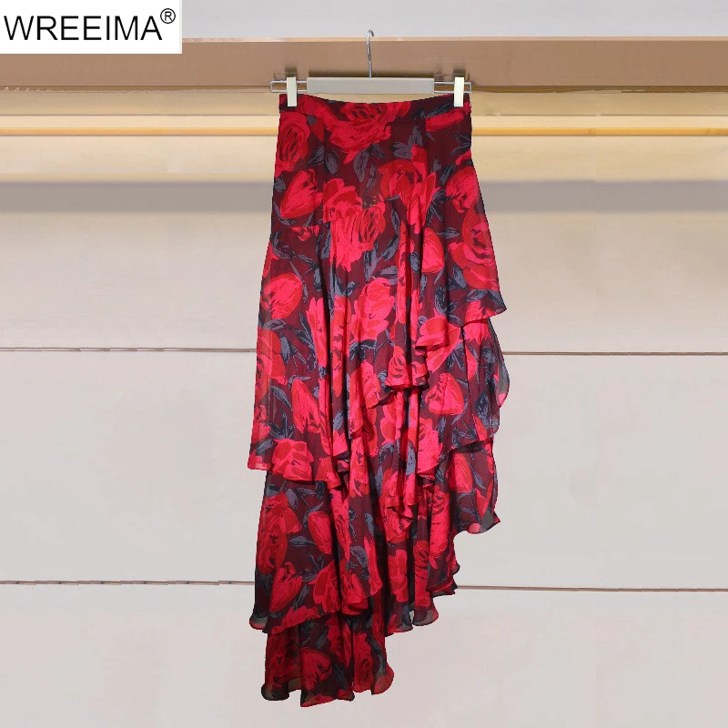 WREEIMA 2018 Women Red Skirts Flower Falbala Vacation Skirts Party