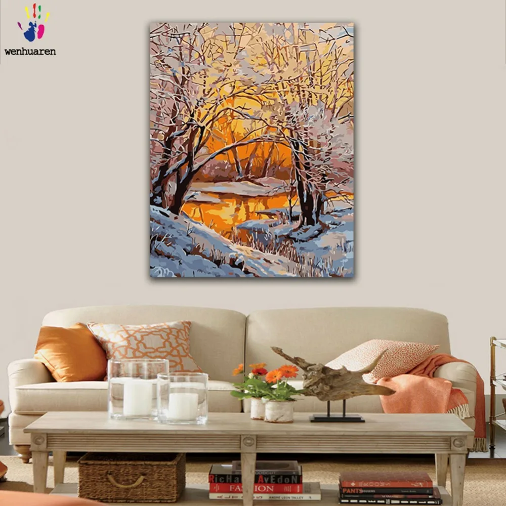 

DIY Painting by numbers Snowy landscape in the woods at sunset picture coloring paints by numbers with kits for wall decor