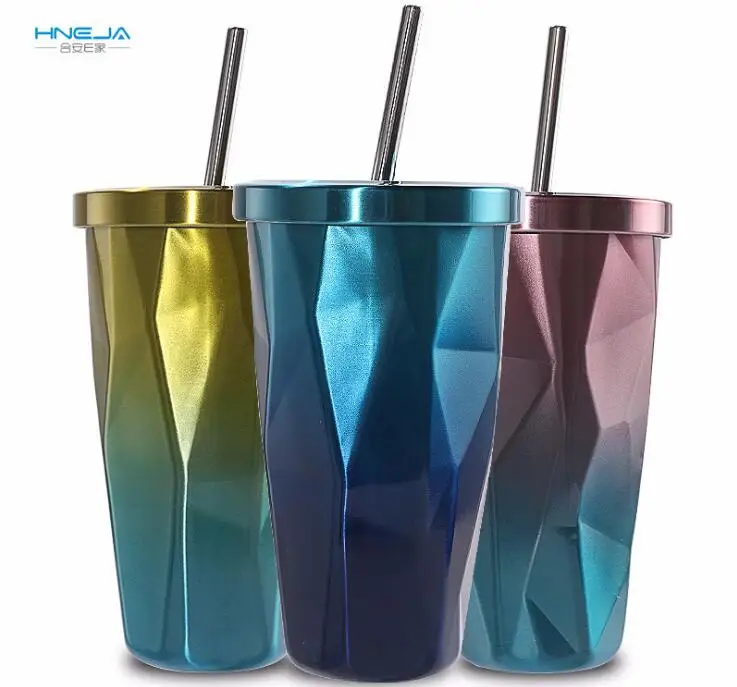 

New Magnificent color straw cup 500ML inside and outside 304 stainless steel diamond thermostat cup gradient belt straw