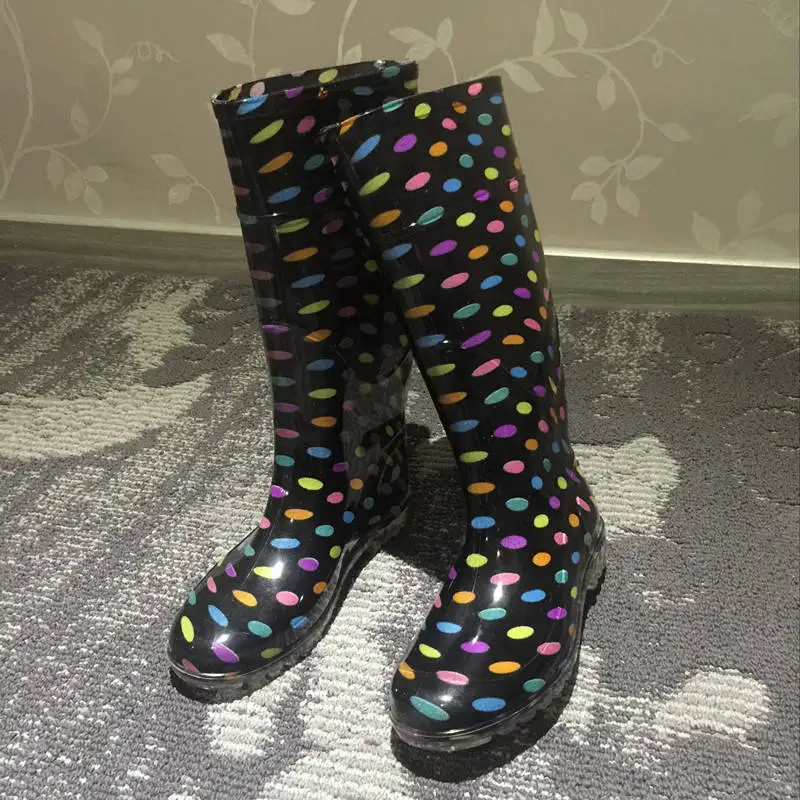 

Rain Boots Rubber Platform Shoes Knee-High Women Boots Casual Creepers Slip On Flats Walking Outdoor Shoes printing PVC Girls