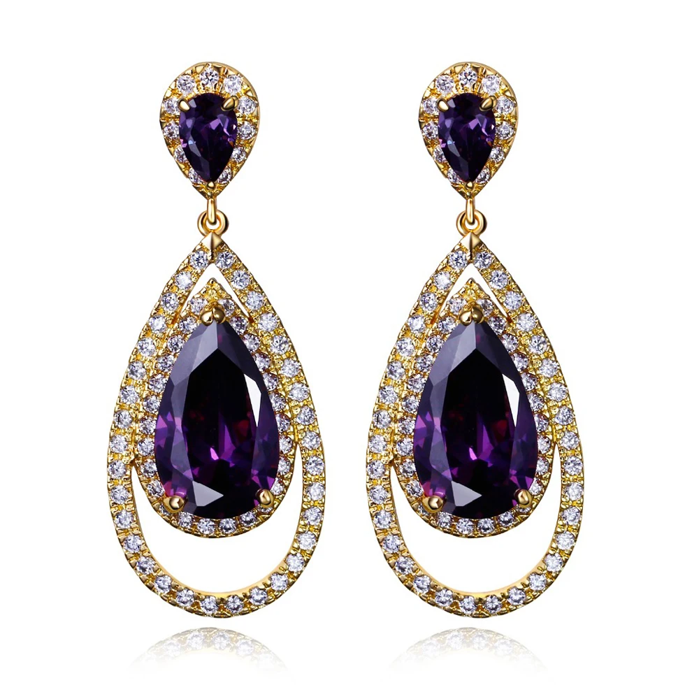 New Earrings For Party Purple Red Clear Champagne 4 colors Cubic Zirconia with Gold color Big Water Drop Earrings