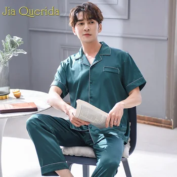 

J&Q Pijama Man Set Satin Silk 2019 Glossy Sexy Pajamas for Man Fashion Luxury South Korean Silk Short Sleeves Men's 2 Pcs Pj Set