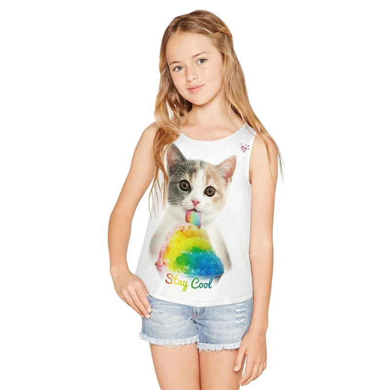 Детские жилеты детская спортивная одежда рубашка без рукавов Cat 3D с принтом, быстро сохнет От 7 до 14 лет девочек кроссовки Топы Junior топы детская блузка