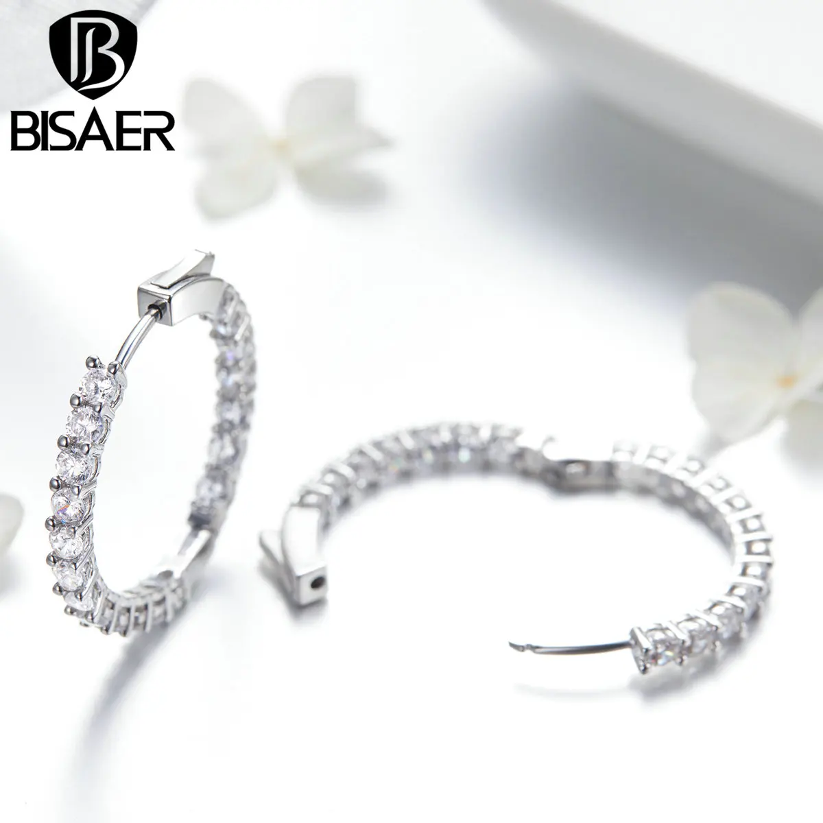 Женские круглые серьги кольца BISAER серебристые сережки с прозрачным фианитом