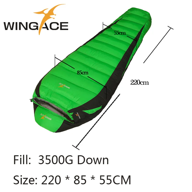 220CM Green WINGACE зимний спальный мешок открытый заполняющий гусиный пух 3500 г утолщение теплый взрослый Мумия Сращивание вниз спальный мешок Кемпинг - Цвет: 220CM Green