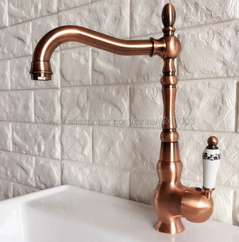 Antique Red Copper Kitchen Faucet Deck Mounted Swivel Spout Bathroom Kitchen Mixers with Hot and Cold Water Knf424