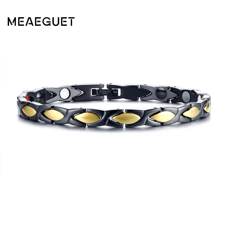 

Meaeguet Black&Gold Color 4 Health Elements Bracelet For Men Therapy Bio-magnetic Germanium Far Infrared Health Cuff Bangles