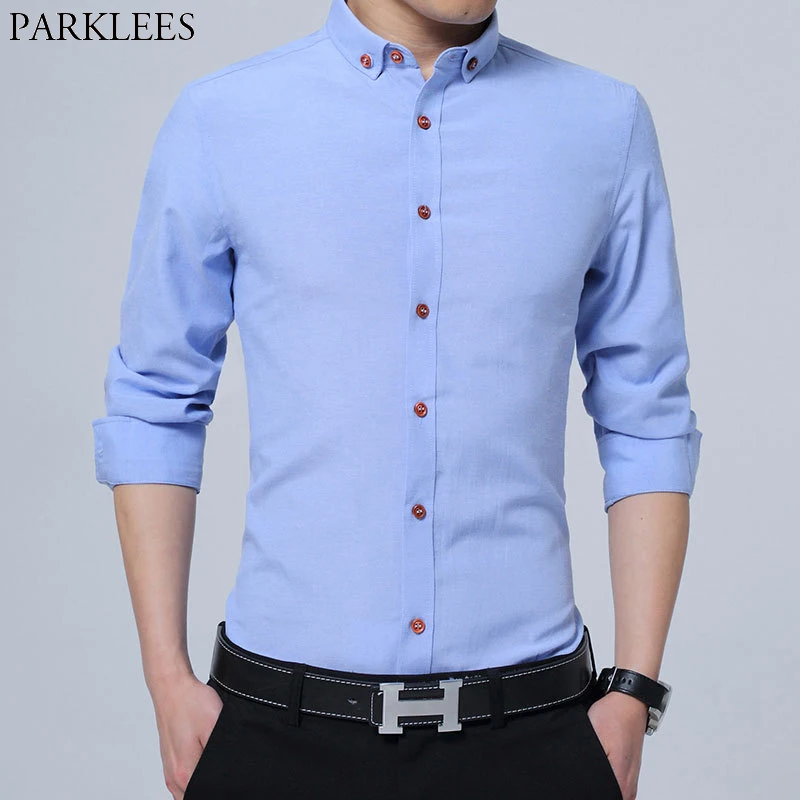 

Sky Blue Oxford Button Down Shirt Men 2019 Spring New Slim Fit Long Sleeve Mens Dress Shirts Non Iron Formal Business Camisas