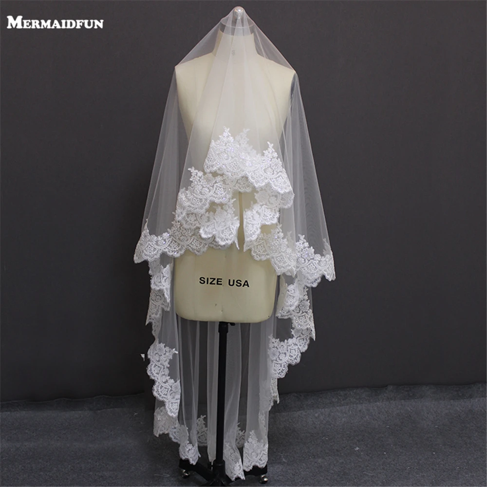 

2019 One Layer 2 Meters Full Edge with Lace Beautiful Wedding Veil without Comb White Ivory Tulle Veil for Bride Voile Mariage