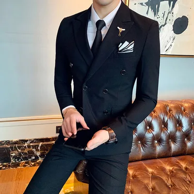 Мужские деловые тонкие однотонные костюмы, двубортные, 3 шт., Trajes De Hombre De Vestir Elegantes, свадебное платье для жениха
