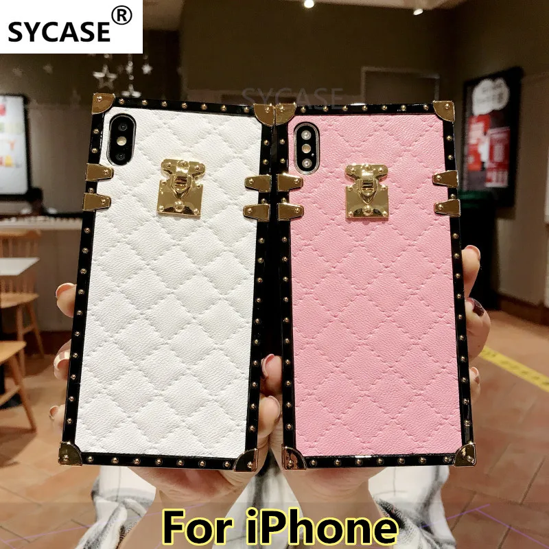 

SYCASE Plaid Rhombic lambskin leather phonecase For iPhone 6 6S 7 8 Plus X XR XS Max case Fashion square Female soft cover