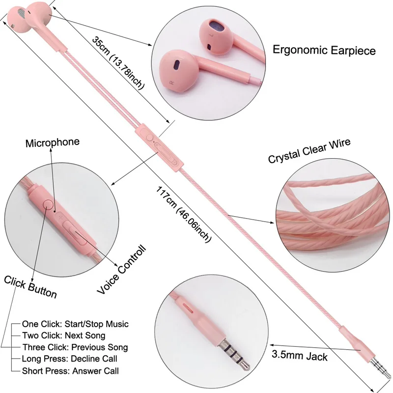 3,5 мм розовые стерео музыкальные наушники-вкладыши портативные наушники с шумоподавлением проводные наушники-вкладыши с микрофоном для samsung