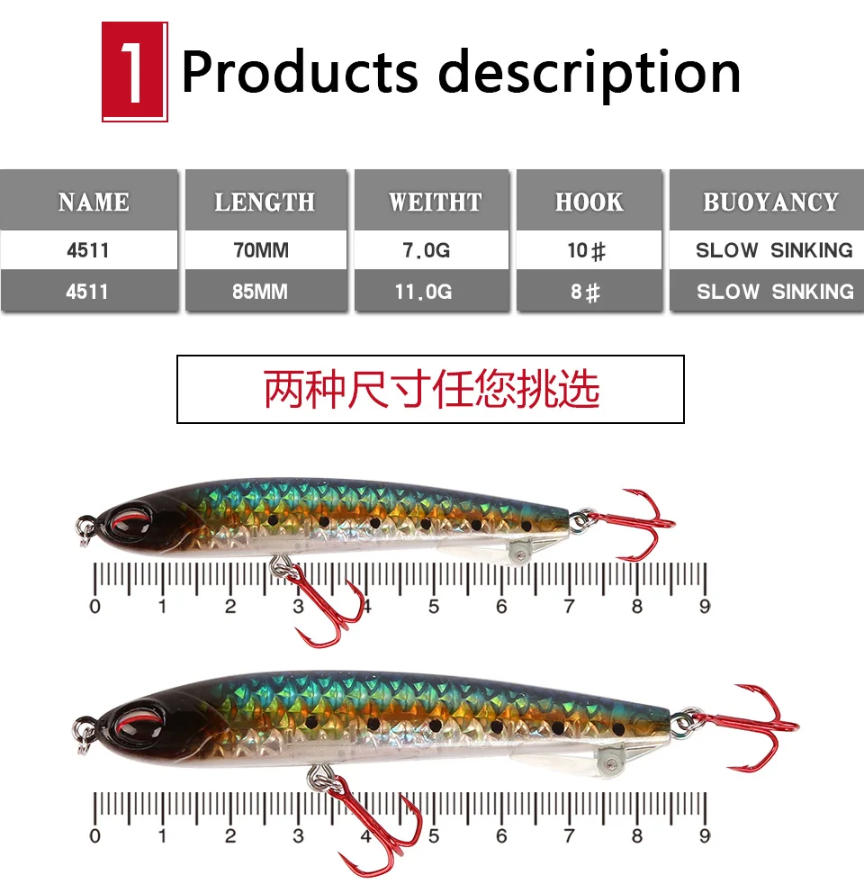 Kingdom Fishing Lure pencil Minnow Baits 8.5cm11g 7cm7g Fishing Tackle VMC Hooks Hard Bait model 4511 (2)