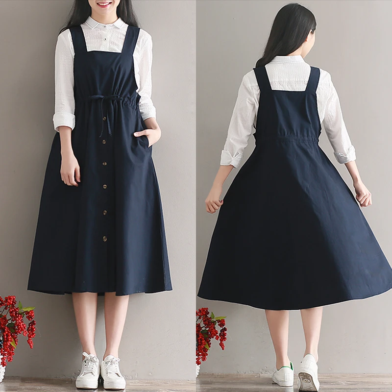 Japanese Vintage Women Casual Strap Long Dresses Korean Fashion Mori Girl  Cute Slim Sleeveless Bandage Suspender Dress Plus Size - Dresses -  AliExpress