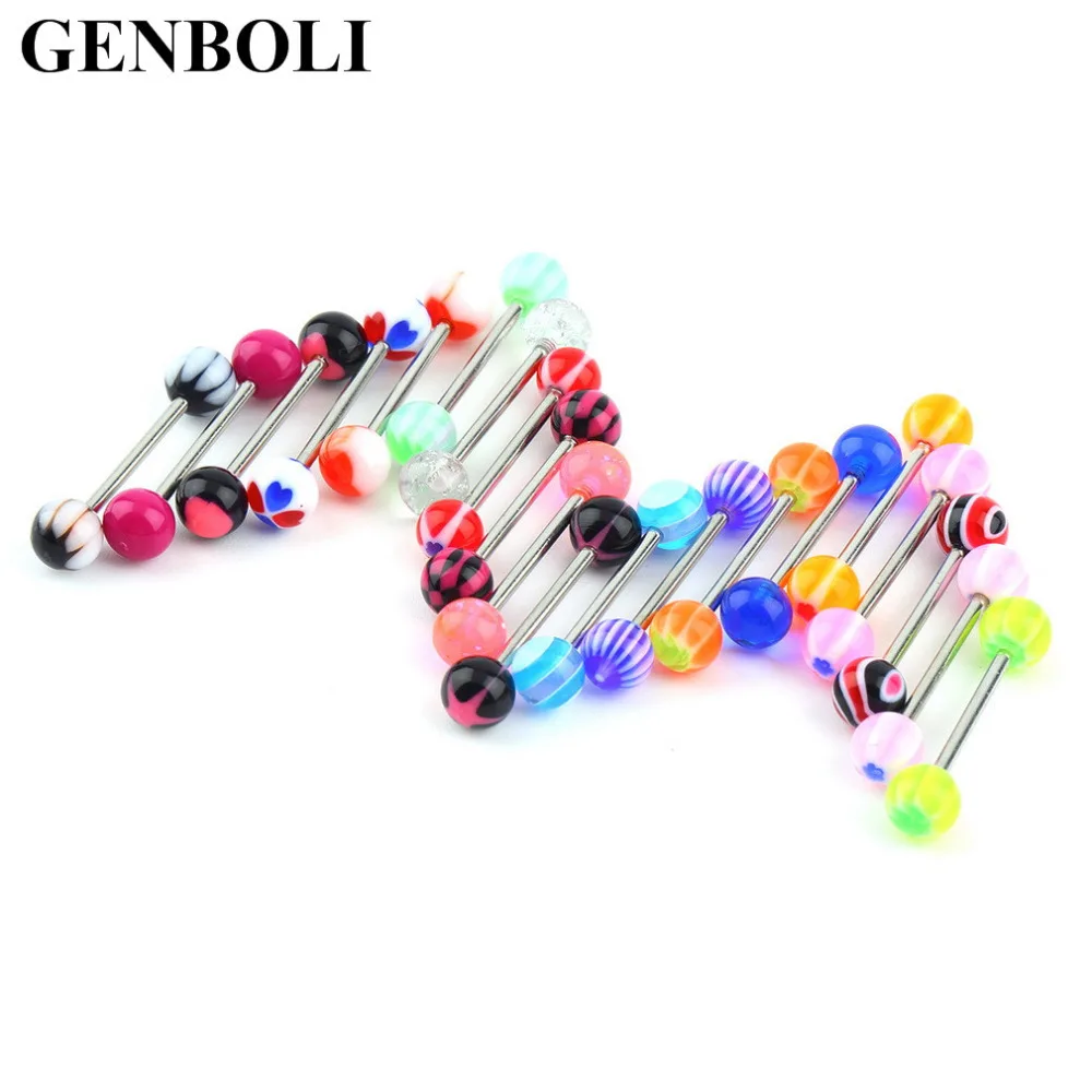 

GENBOLI 20pcs/lot Random Color Jewelry Piercing Tongue Ring Studs Barbell Bar Ring Tongue Piercing Body Jewelry