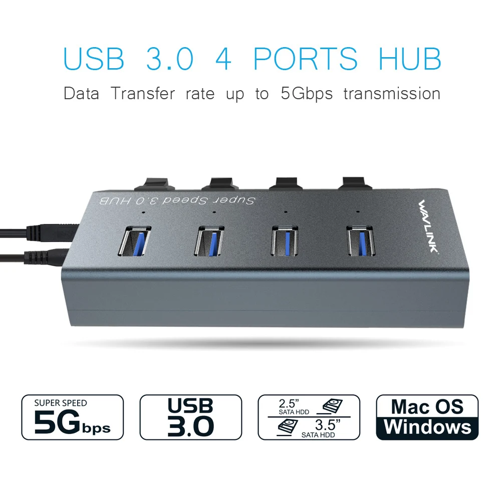 HUB USB 30 de aluminio Wavlink con interruptor de encendido/apagado de alta velocidad HUB USB 30 de