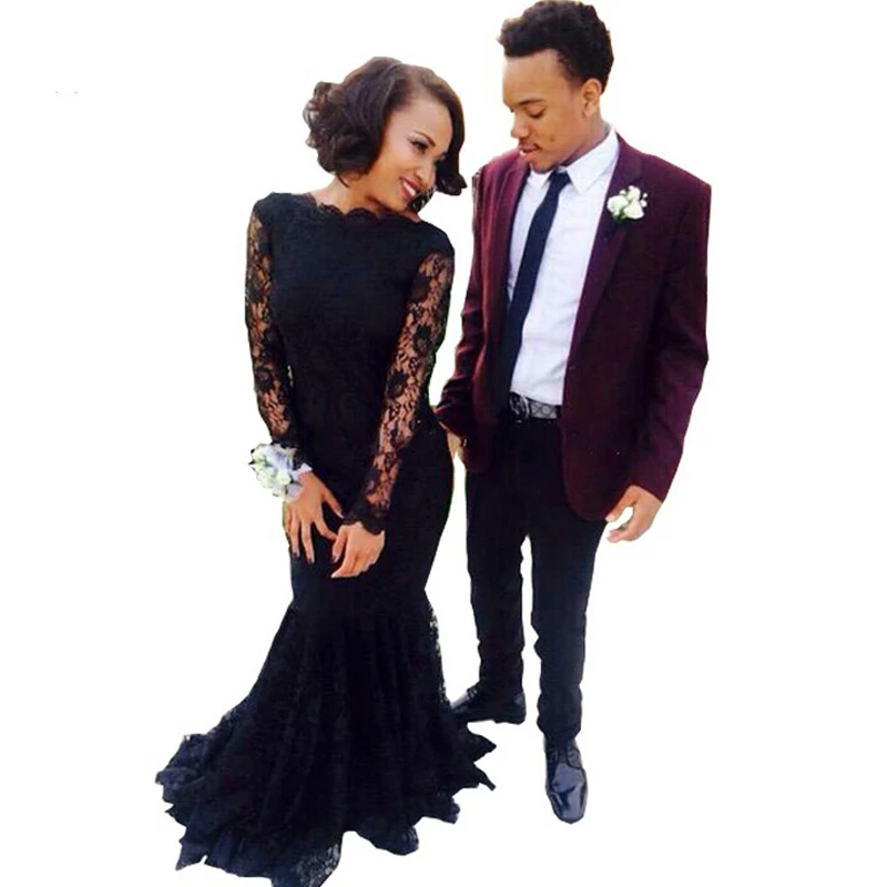 

Fancy Arabic Long Sleeve Black Lace Prom Dresses 2016 Abendkleider Scoop Mermaid Evening Dresses Robe De Soiree Formal Gowns