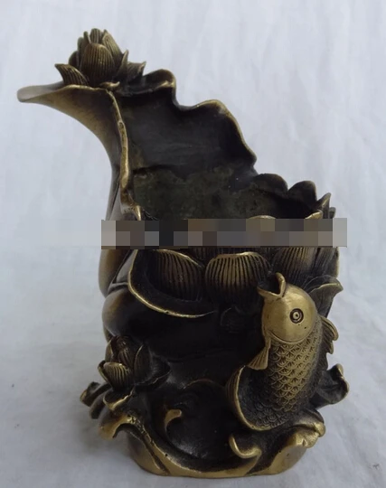 

Chinese Bronze Wealth Coin Lotus Leaf Fish Vase Statue Pen Container Brush Pot decoration bronze factory outlets