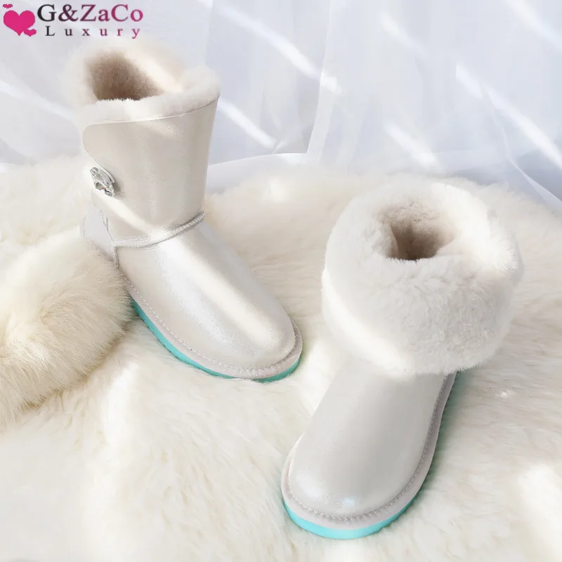 Goedkoop G amp; Zaco Winter Bont Schapen Laarzen Australi euml; Schapenvacht Snowboots Natuurlijke Wol Midden Kalf Laarzen Kristal Knop Warme Platte vrouwen Schoenen